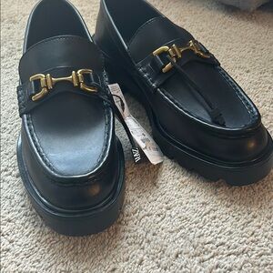 Zara Black Loafers with Gold Detail